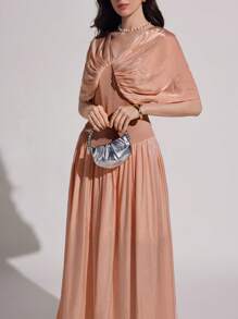 Modelyn 女式长款闪亮雪纺披肩袖优雅浪漫连衣裙，春夏 - 粉色 - 查看 6