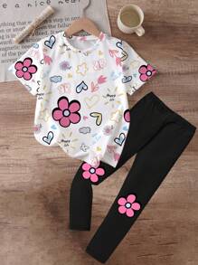 SHEIN 女宝宝休闲时尚可爱卡通花卉印花短袖T恤和打底裤两件套 - 彩色 - 查看 4