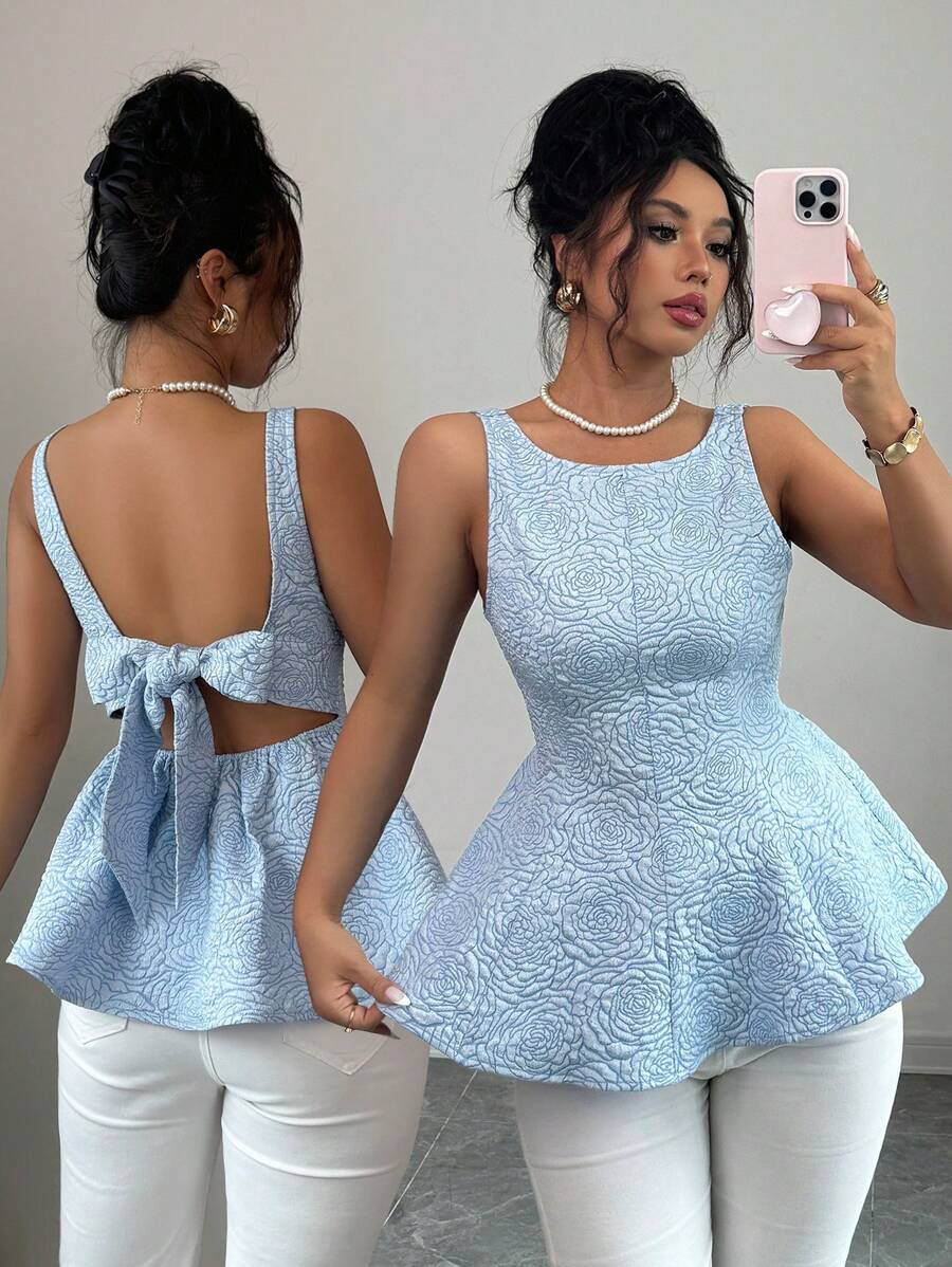 Elenzga Neuer Frühlings-Sommer Damen Urlaubs-Lässig eleganter Jacquard-Stoff schlanker kurzer exquisiter Oberteil mit offenem Rücken, Schleifen-Dekoration, schlanker Rüschen-Saum, modisch und vielseitig mit floralem Texturmuster, elegante junge Pendler-Party-Date-Mode, junger neuer Sommer, hellblauer floraler Textur-Stoff Damen-Oberteil - Babyblau - Übersicht 1