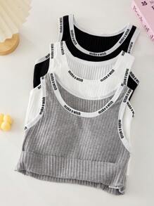 SHEIN Genkimix Kids 3 件套青少年女孩罗纹字母图案衬垫吊带背心，休闲基本款