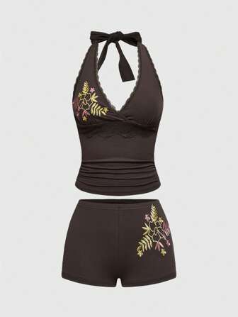 Hippie Women's Vacation Style Embroidered Halter Ruched Top And Shorts 2Pcs Set