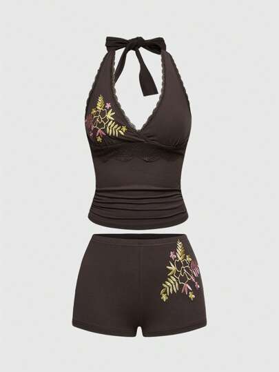 Hippie Ensemble 2 pièces avec débardeur à encolure ras-du-cou froncé et short style vacances, brodé pour femmes