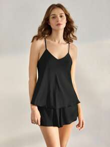 Ocili 女士柔软、光滑、丝滑缎面睡衣套装 - 黑色 - 查看 7