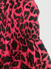Sweetra Plus Size Women Leopard Print Drawstring Waist Short Dress - Red - View 5