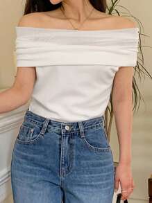 DAZY Women Off Shoulder Short Sleeve Fitted Patchwork Exposed Shoulder T-Shirt - White - View 5