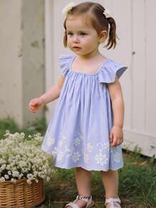 Cozy Pixies Baby Girl Plant & Floral Pattern Round Neck Ruffle Hem Dress