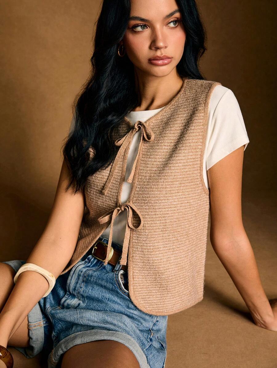 Poéselle Women's Solid Color Knot Round Neck Sleeveless Knit Cardigan, Summer Fashion, Knit Top Women, Tie Tops Summer Tops, Knit Vest, 70s Tops In Fall/Winter - Coffee Brown - View 1