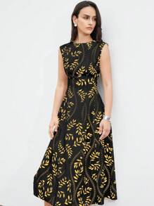 Aveloria Modichic Elegante vestido de verano con escote redondo, silueta simple, estampado de hojas de árbol y cintura imperio para mujer