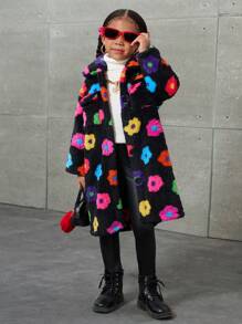 SHEIN Young Girl Knit Floral Pattern Cropped Fluffy Cardigan,In Fall/Winter - Black - View 7