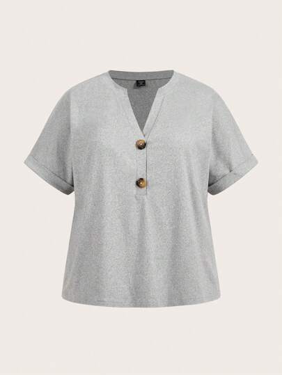 SHEIN BASICS Camiseta de verano de manga corta con cuello en V de punto de color liso para mujer de talla grande