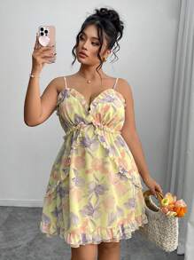INAWLY Robe courte d'été en mousseline de soie à imprimé floral avec fines bretelles pour femmes grandes tailles - Multicolore - Voir 6