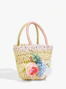 SHEIN ICON 女士，女式手提包，草编包，花朵，珍珠蝴蝶结，珍珠，时尚，优雅，简约，个性化，多功能，街头，甜美酷炫女孩，辣妹，千禧一代，适合海滩，度假，节日，夏季，海边 - 粉色 - 查看 3