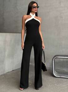 EURMUSE Summer Sexy Contrast Color Backless Halter Jumpsuit - Black - View 4