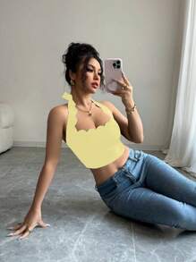 INAWLY Sexy Vacation Black Halter Tie Ruffled Neck Cropped Tank Top For Women - Yellow - View 8
