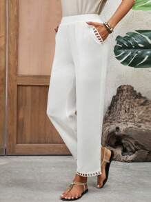 EMERY ROSE Pantaloni casual da donna di colore unito a vita stretta, pantaloni estivi da donna bianchi con tasche - Bianco - Visualizzare 3
