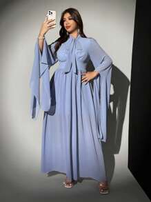 Viva Relle Plus Size Elegant Romantic Loose Chiffon Dress With Tie Collar, Cinched Waist, A-Line Hem And Lantern Sleeves Fall Cloth For Women - Dusty Blue - View 5