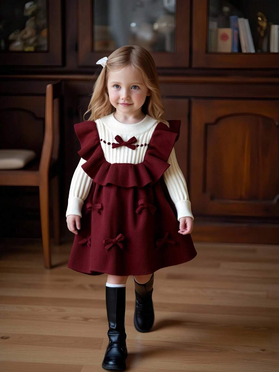 SHEIN Babygirl Contrast Color 3D Bow Decor Knitted Dress,Suitable For Autumn&Winter Baby Toddler Burgundy Fall - Red - View 1