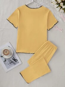 SHEIN 休闲黄色短袖立领简约蝴蝶结装饰荷叶边下摆柔软透气牛奶丝裤子套装，女春夏秋 - 黃色 - 查看 2