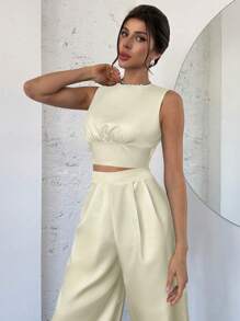 Firerie 女士优雅简约别致性感浪漫通勤音乐节派对约会之夜露背无袖上衣和褶皱阔腿裤黑色 2 件套 - 卡其色 - 查看 7