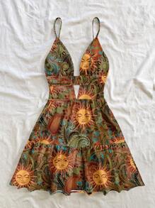 Soleia 休闲假日风格绿色太阳神佩斯利腰果复古图案女式休闲假日 V 领镂空露背荷叶边迷你连衣裙，适合夏季、度假 - 彩色 - 查看 2