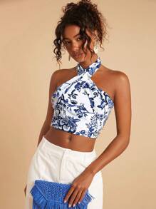 Travachic 度假露背印花短款上衣、沙滩装、春夏、复活节、假日、海滩、春假、度假、音乐会