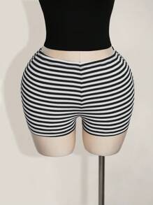 SHEIN ICON 大码 Y2K 性感低腰条纹超短裤 - 黑與白 - 查看 1