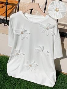 Comfortcana Summer  Dropped Shoulder Floral Decor Loose Casual T-Shirt - White - View 3