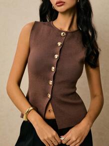 Poéselle Áo len nữ không tay cổ tròn cài cúc phía trước, màu trơn, kiểu dáng dễ thương, thích hợp mặc đi chơi, phong cách công sở thường ngày, phong cách cổ điển, sang trọng, phù hợp cho mùa thu. - Lạc đà - Xem 6