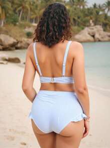 Swim Mod Plus Size Women 2pcs Swimsuit Set, Sweet & Cute Beach Vacation Random Blue & White Striped Print, Ruffled Edge, Bowknot Design For Summer - Blue - View 2