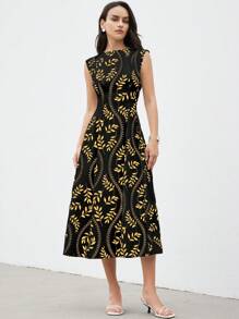 Aveloria Modichic Elegante vestido de verano con escote redondo, silueta simple, estampado de hojas de árbol y cintura imperio para mujer