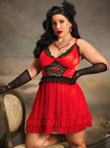 2 Stücke Große Größen Kontrast Farbe schlank geschnittenes, geschichtetes, gerüschtes Taftseide-Spitze-Patch-Plissee-Netz-Schleife Wimpernspitzen-Spitze Retro romantische Lingerie-Set - Verschiedenfarbig - Übersicht 3