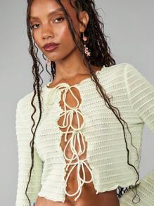 MISSGUIDED Textured Tie Front Sweater Knit Crop Top Bell Sleeve Bohemian Festival Resort Beach Summer Christmas