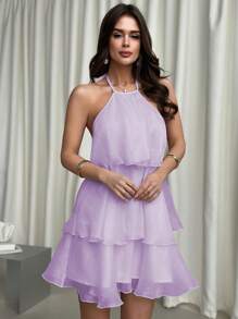 Firerie 优雅浪漫约会之夜露背多层下摆白色欧根纱挂脖 A 字连衣裙，情人节礼物