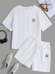 SHEIN Teen Girls' White Textured Knit Jacquard Loose Fit Woven Label T-Shirt And Shorts Casual Outfit 2pcs/Set - White - View 7