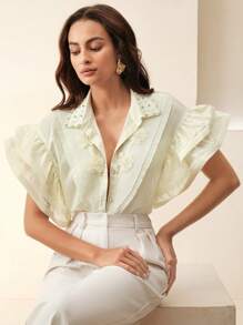 Anewsta Blouse ornée de fleurs 3D en perles de et de faux-perles avec une garniture de volants, pour l'été