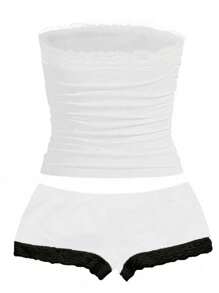 Zyxie 2 chiếc/bộ áo ren chắp vá xếp nếp bandeau và quần short màu tương phản - trắng - Xem 2