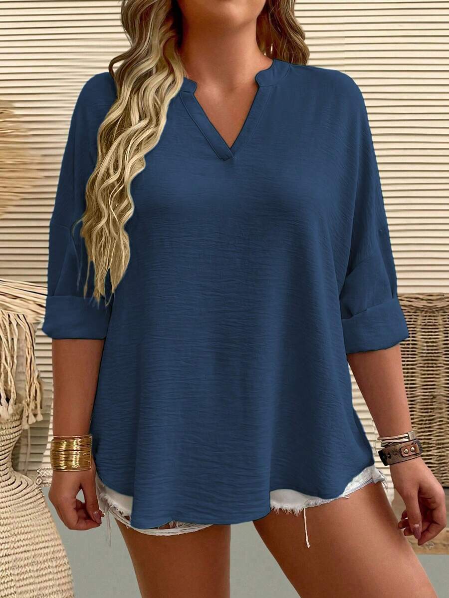 EMERY ROSE Plus Size Women Woven Solid Texture Deep V-Neck Drop Shoulder Long Sleeve Arc Hem Casual Loose Blouse, Spring/Summer Fall Cloth For Women - Navy Blue - View 1