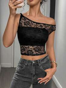 INAWLY Áo cánh thiết kế ren bất đối xứng cho nữ - màu đen - Xem 3