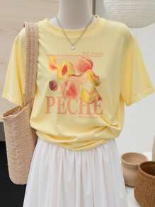 INAWLY Women's Summer Fruit Print Round Neck Short Sleeve Casual T-Shirt Graphic Tees Women Tops - Yellow - View 1