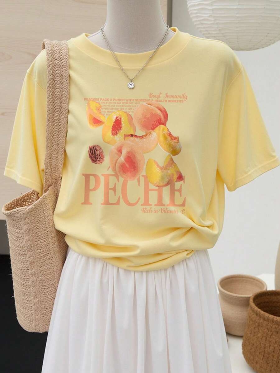 INAWLY Women's Summer Fruit Print Round Neck Short Sleeve Casual T-Shirt Graphic Tees Women Tops - Yellow - View 1