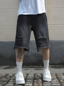 Manfinity EMRG Quần short denim nam dáng rộng dài đến đầu gối, có túi, gấu quần rách, kiểu dáng thoải mái. - màu đen - Xem 6