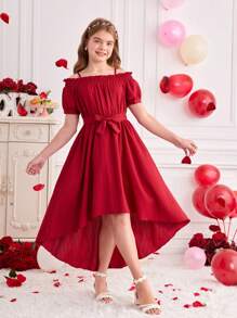 Tween Girl Off-Shoulder Ruffled Chiffon Dress, Elegant, Casual Outdoor, Spring/Summer,Holiday,Summer,Travel - Burgundy - View 7