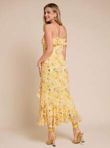 Amorya 女式 V 领荷叶边花卉印花吊带连衣裙，黄橙色，腰部设计优雅连衣裙，适合日常穿着，春夏季 - 彩色 - 查看 2