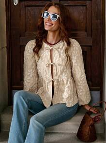 Solivie 1 件女式花卉纹理面料领带蝴蝶结长袖衬衫，长袖上衣 - 杏色 - 查看 10