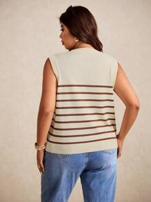 Elaquor 大码夏季休闲条纹针织背心，商务休闲女装，秋冬女士教师装 - 卡其色 - 查看 3