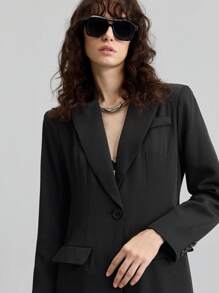 Ontre 2025 Women's Autumn Black Long Sleeve Extended Blazer,Chic Smart Office Wear,Minimalist Waist Cinched Lapel Collar,High-Quality Retro Business Casual - Black - View 3