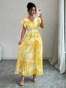 Modelyn Vestido largo con estampado floral efecto tie-dye y volantes en el bajo para mujer - Amarillo - Ver 1