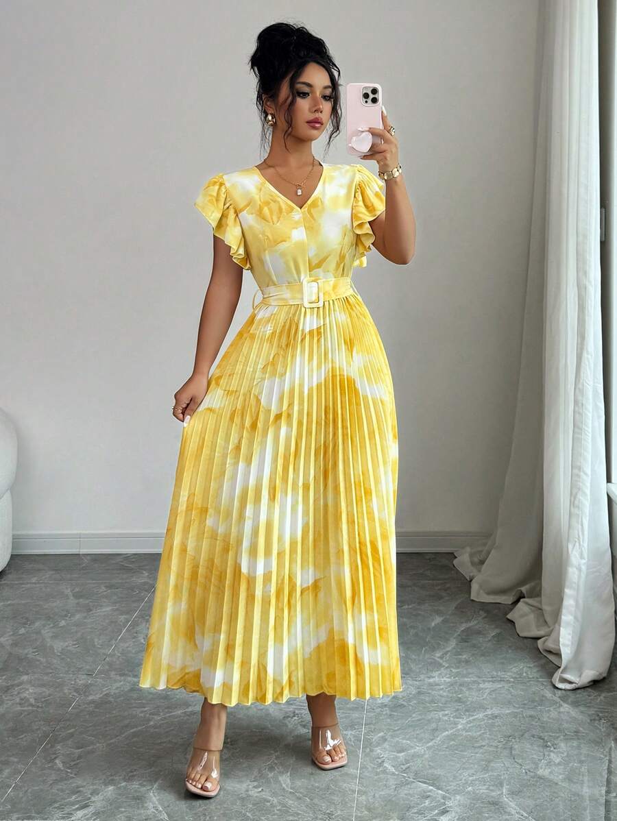Modelyn Vestido largo con estampado floral efecto tie-dye y volantes en el bajo para mujer - Amarillo - Ver 1