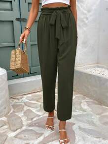 SHEIN Frenchy Jednolity Kolor Pasek Papierowy Pasek Luźne Spodnie Na Wakacje - Wojskowa Zieleń - Zobacz 3