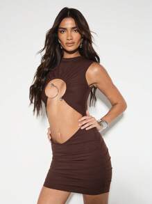 KIZN 无袖迷你连衣裙，圆形五金细节镂空褶饰俱乐部派对晚会现代时尚宣言紧身秋冬